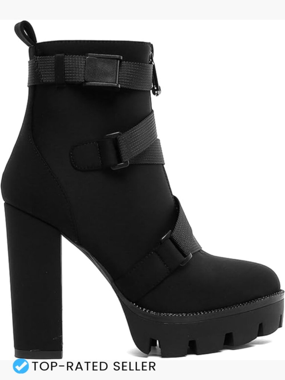 Black Platform Boots Chunky Heel Ankle Lace Up Side Zipper Gothic Buckle Strap